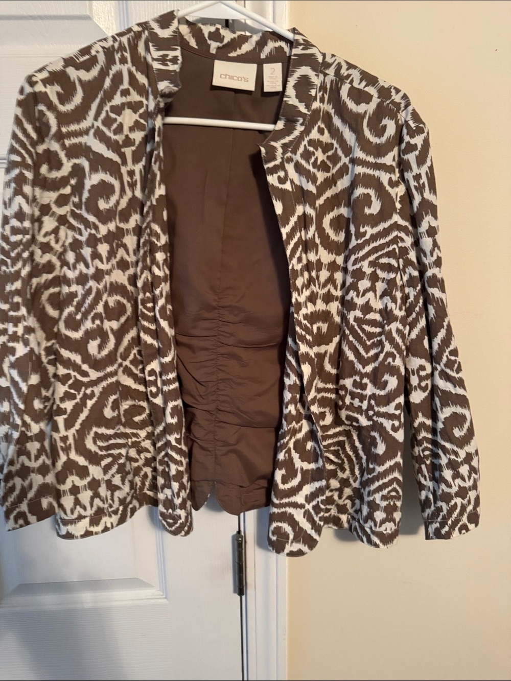 Chico's Brown & White Printed Collarless Jacket